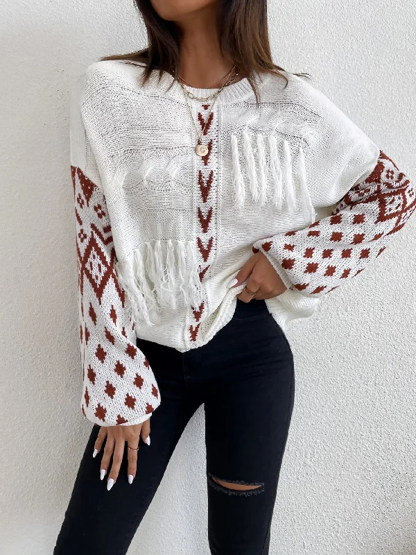 Casual Tribal Long Sleeve Round Neck Regular Women Sweater Compression