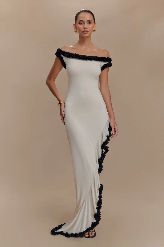 Arielle Off Shoulder Ruffle Midi Dress - Ivory/Black performance