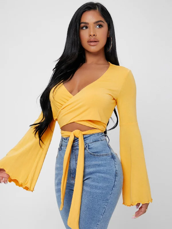 Sexy Plain Tie Front Long Sleeve Deep V Neck Crop Women Top