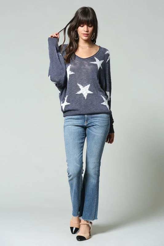 Star Print Wide V Neck Top Casual Women's Japanese 