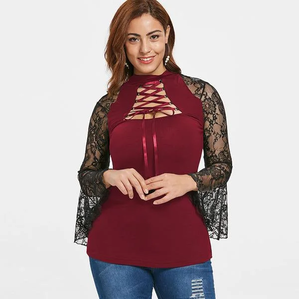 ANALUKE New Lace Insert Cut Out Long Sleeve T-Shirt Sophisticated Women's 