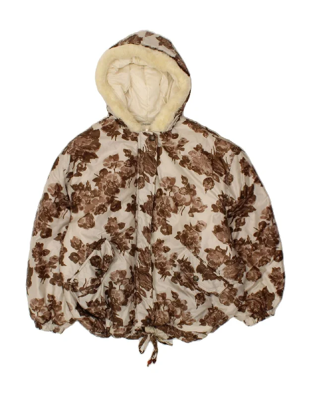 VINTAGE Womens Hooded Padded Jacket UK 16 Large  Beige Floral Polyamide Youthful Women's Pop
