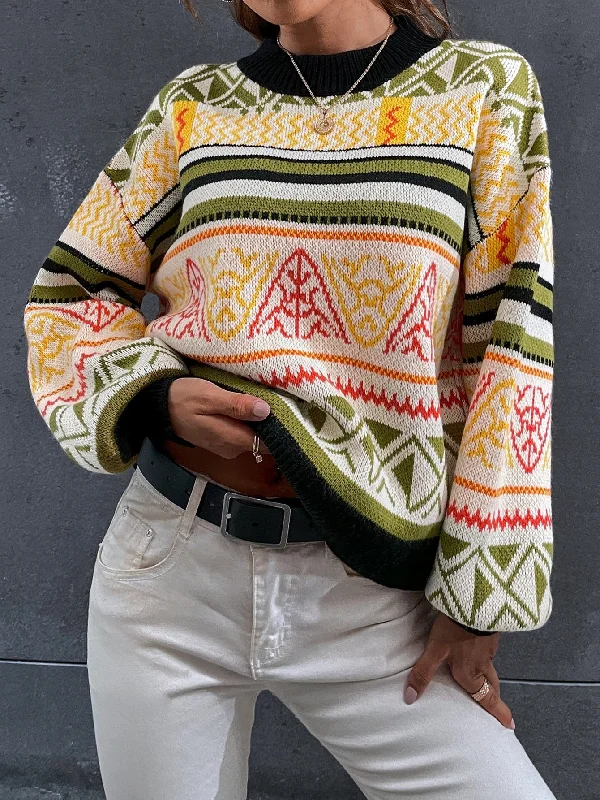 Casual Geometric Long Sleeve Stand Collar Regular Women Sweater Classic Women's Pin - striped