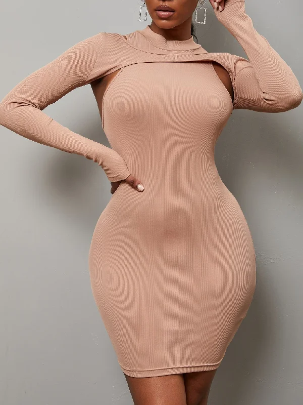 Plain Rib-Knit Long Sleeve Stand Collar Pencil Natural Mini Dress Contemporary 