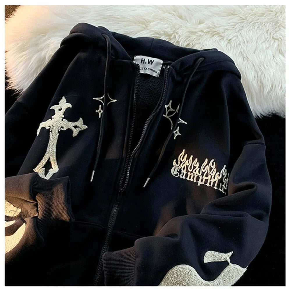 Amy Fashion - Y2k Rhinestone Skeleton Goth Hoodie