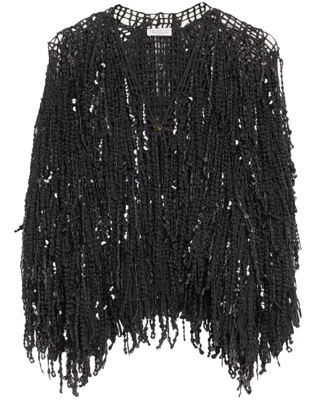 Gunmetal Embellished Fringe Single Button Cardigan