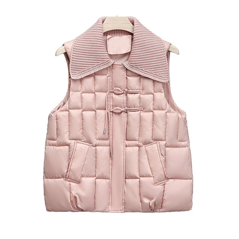 Stand Collar National Style Buckle Knitted Lapel Sleeveless Cotton-padded Jacket Vest Classic Women's Pin - striped