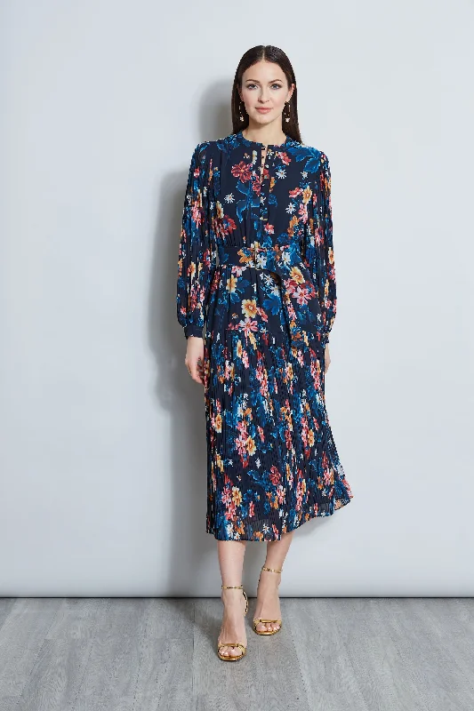 Floral Belted Pleated Midi Dress Preppy Women's College