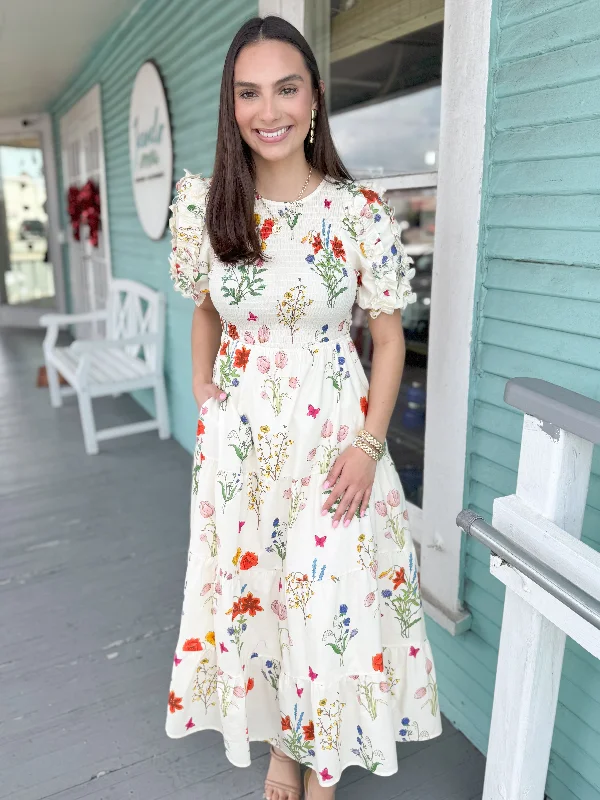 (THML) The Gracie Floral Smocked Maxi Dress-Cream Traditional Women's Wool