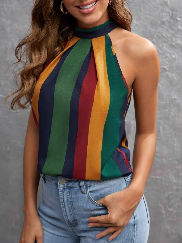 Boho Colorblock Tie Back Halter Regular Women Tank Top & Cami Adventure