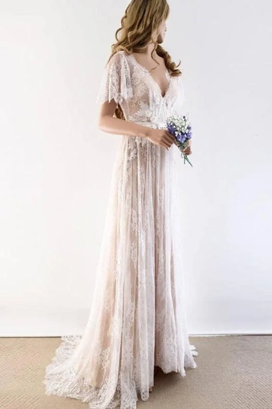 Gorgeous V-Neck Cap Sleeves Lace Wedding Dresses Scandinavian