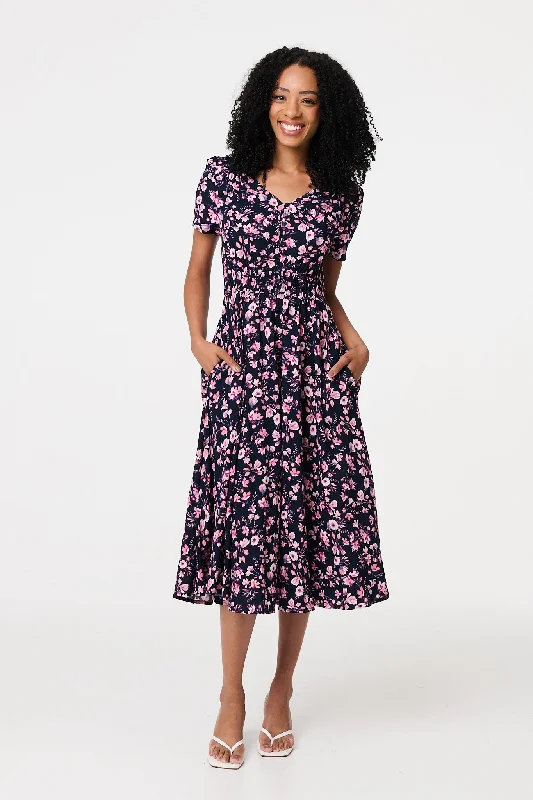 Ditsy Floral V-Neck Midi Dress Stylish Women's Neon