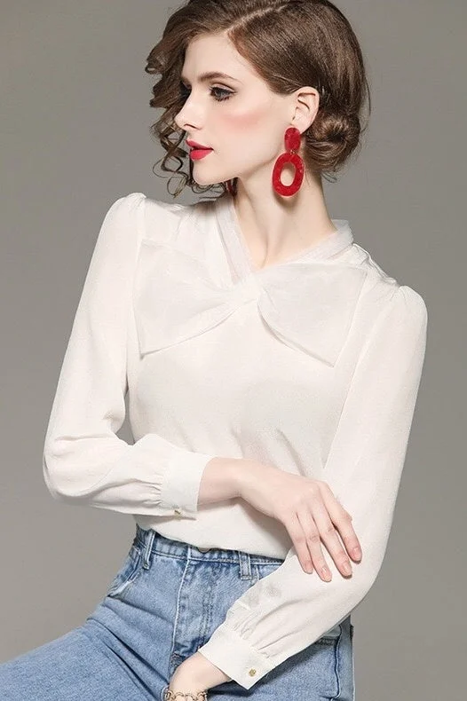 White Chiffon Blouse W/ Bow Tie