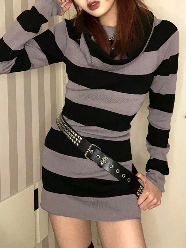 BerryBetty - Off Shoulder Long Sleeve Striped Knit Mini Dress Cozy Women's Sherpa - lined