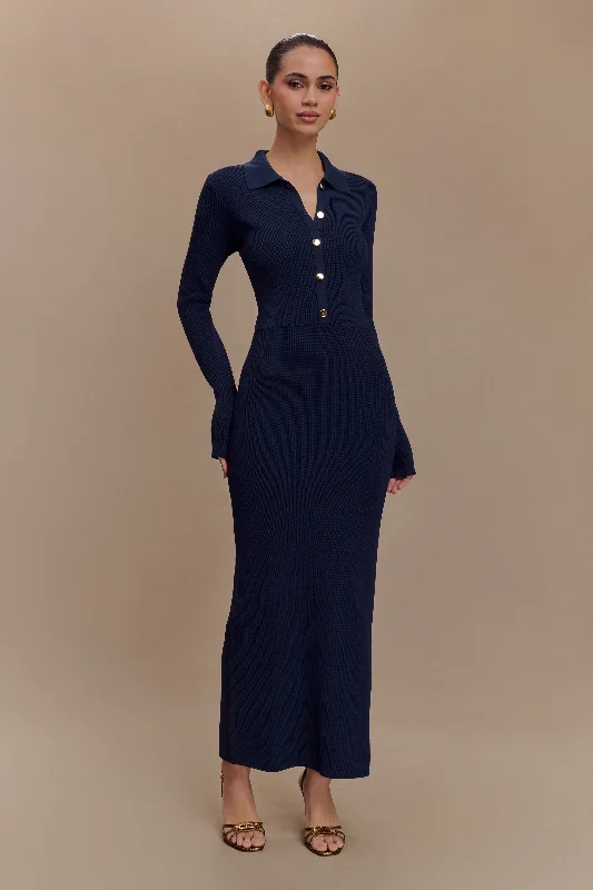 Abbey Buttoned Knit Midi Dress - Navy Streetwear Style for 