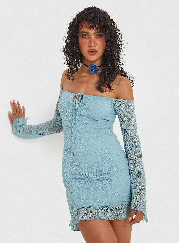 Boville Off The Shoulder Lace Mini Dress Blue