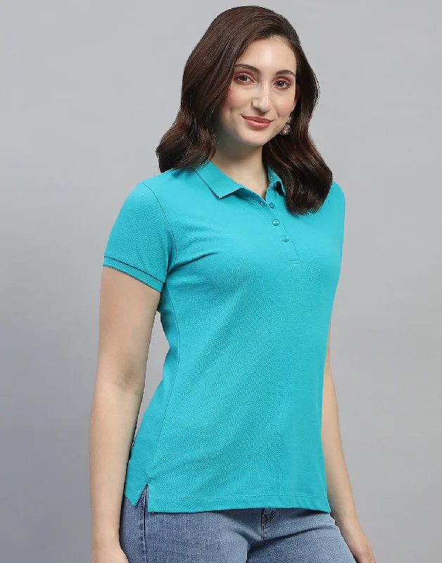 Women Turquoise Blue Solid Collar Neck Half Sleeve T Shirt Trendy Women's Oversized