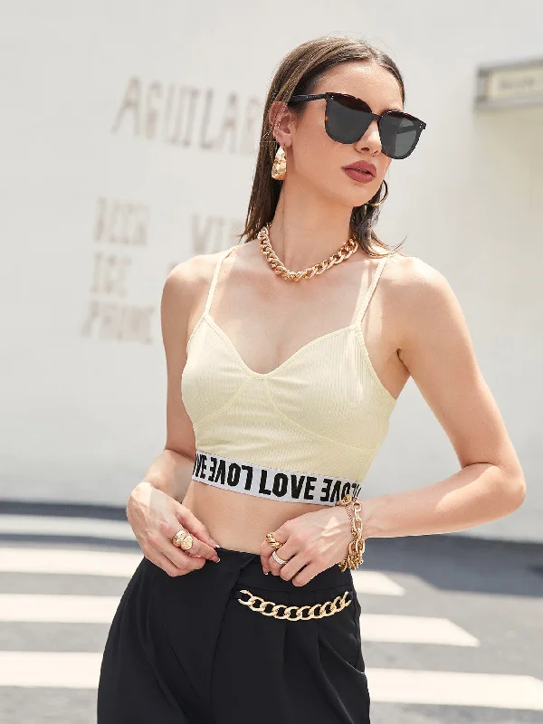 Casual Letter Tape Spaghetti Strap Semi-Sheer Crop Women Tank Top & Cami Cashmere
