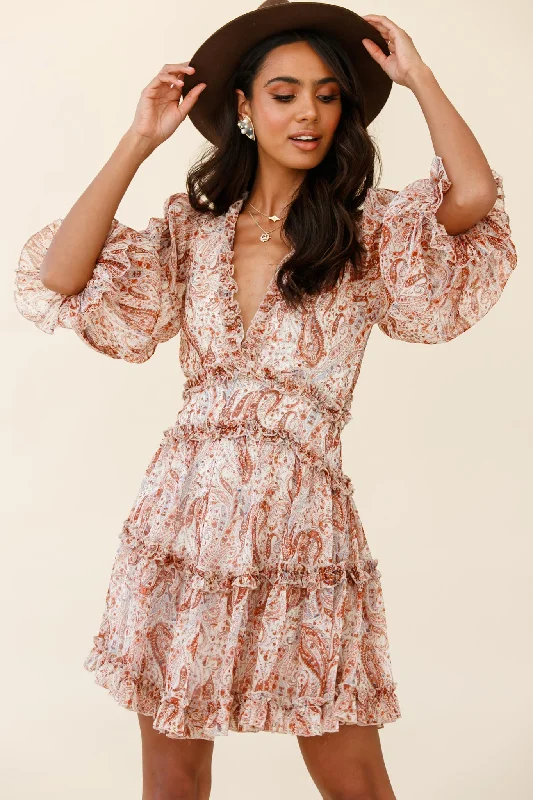 Laney Cutout Back Ruffle Trim Dress Paisley Print Rust Dapper Women's 1920S