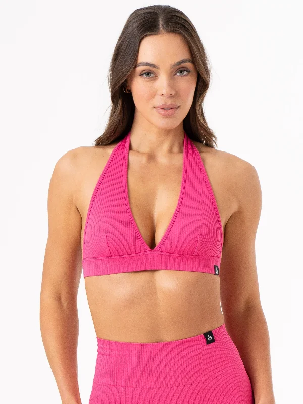 Rib Seamless Halter Sports Bra - Hot Pink Stylish Women's Neon