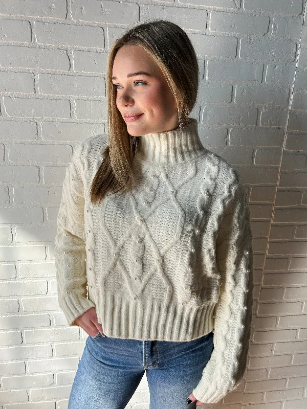 Ivory Pearl Knit Sweater Dapper Women's Bow - adorned