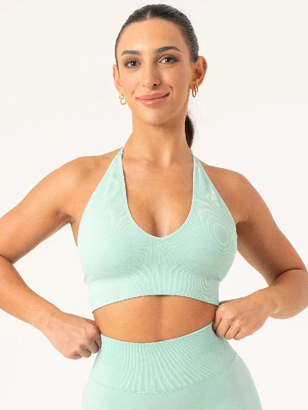 Lift Rib Seamless Halter Sports Bra - Aqua Monochromatic All - in - one
