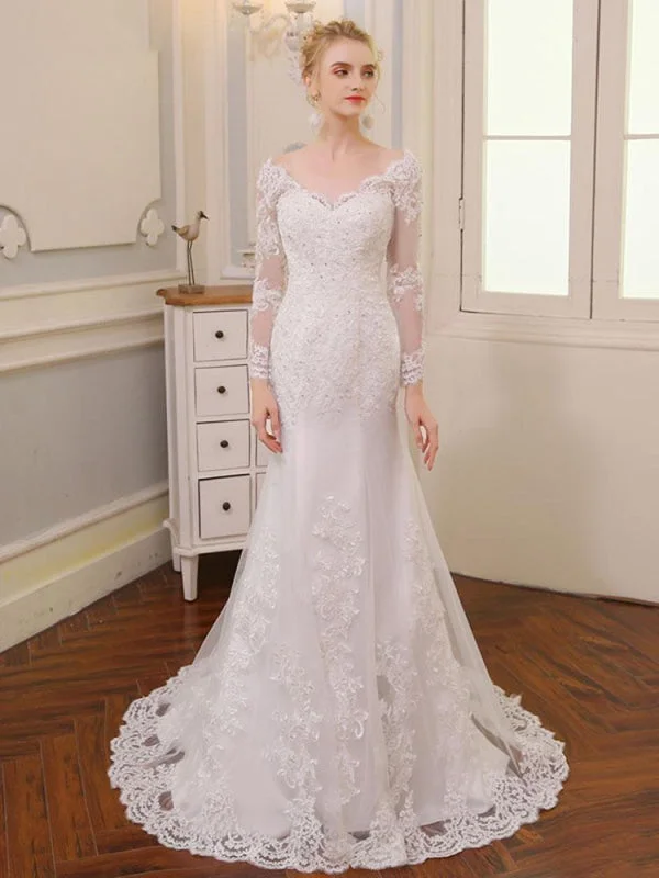 Glamorous V Neck Long Sleeve Lace Backless Wedding Dresses Classic Women's Pin - striped