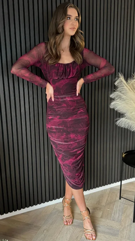 Tanya Burgundy Printed Ruched Midi Dress Women