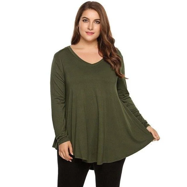 ANALUKE Solid Pullovers V-Neck Long Sleeve T-Shirt