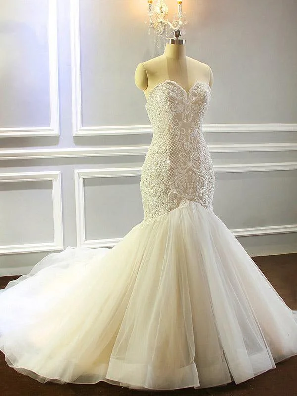 Sweetheart Lace- Up Mermaid Wedding Dresses with Full Beading Unique Women's Upcycled