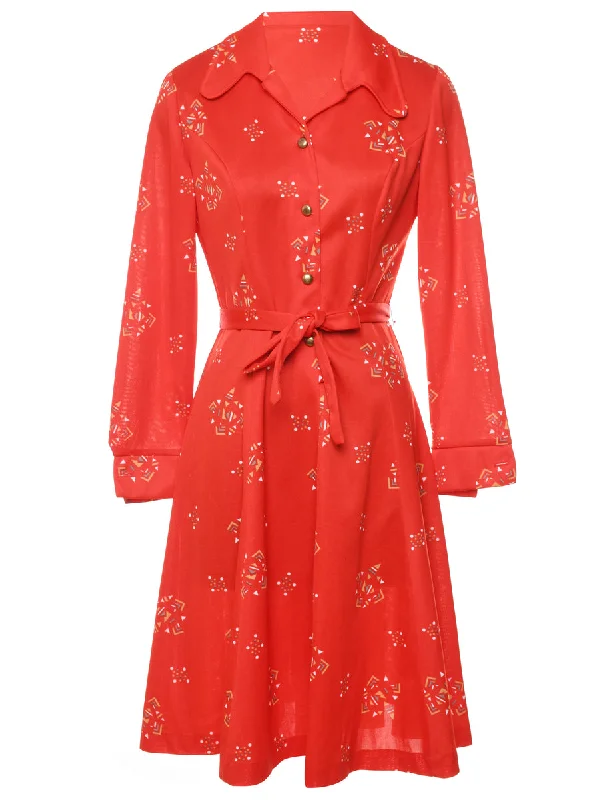 1970s Geometric Print Red Shift Dress - S Confident Women's Power