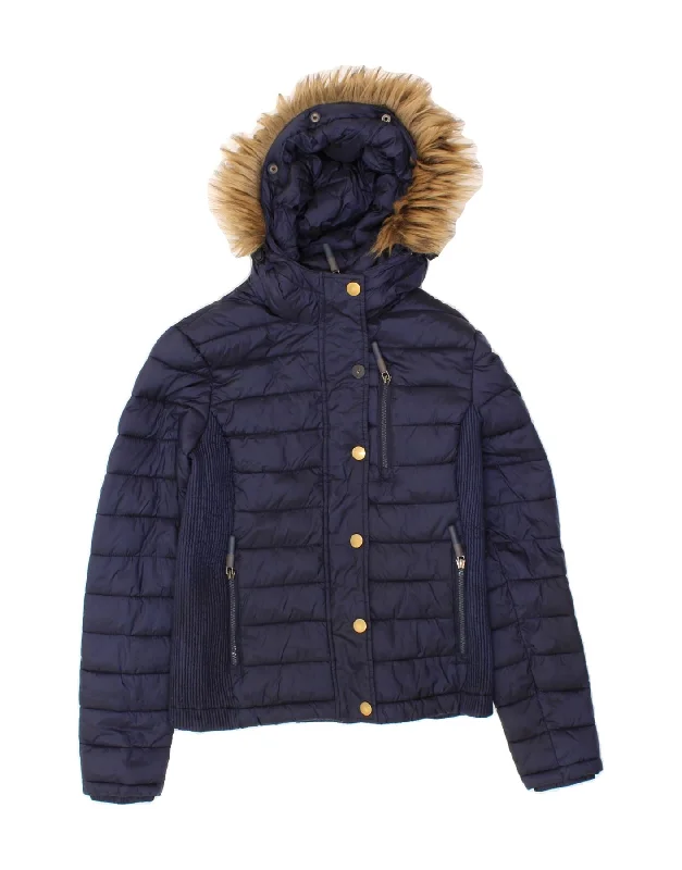 SUPERDRY Womens Hooded Padded Jacket UK 10 Small Navy Blue Nylon Disco