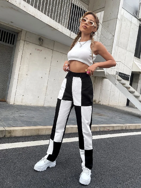 Casual Colorblock Zipper High Waist Long Women Pants Artistic Women's Avant - 
