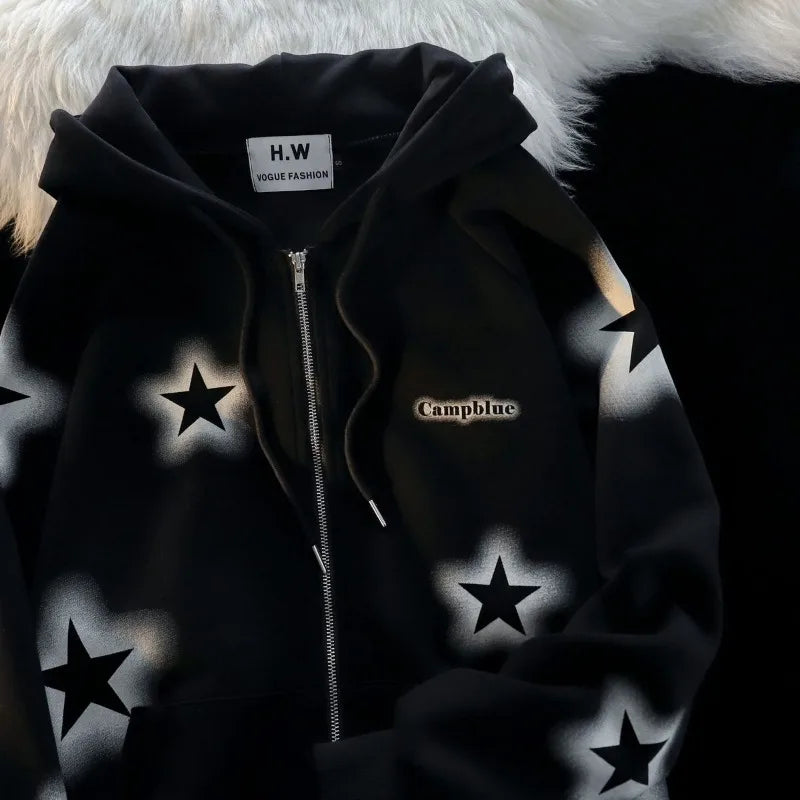 American Pentagram Print Zip Cardigan Girl Oversize Lazy Style Hoody Dapper Women's 1920S