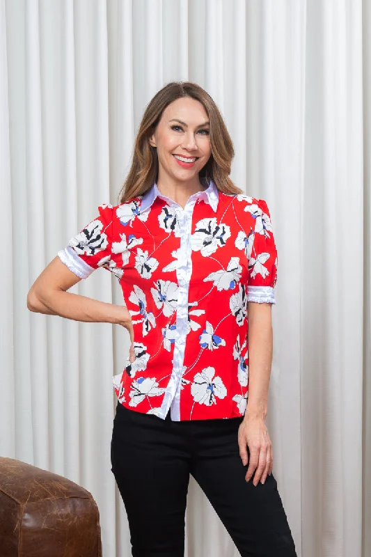 Lotus Flower Print Short Sleeve Button Down Top with White Satin Contrast in Red (SB1141) Athletic Women's High - 