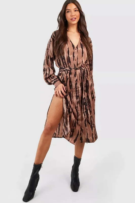 Elaine Chocolate Print Shirt Dress Confident Women's High - fashion