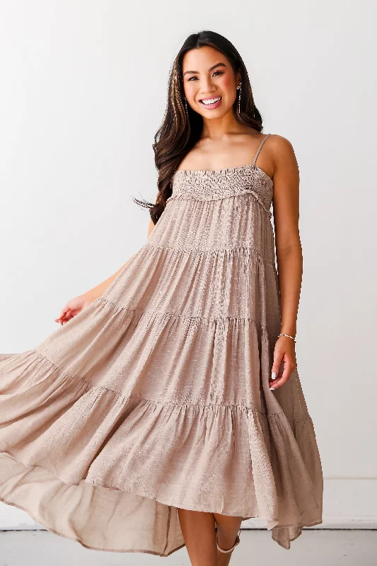 FINAL SALE - Carefree Behavior Taupe Tiered Midi Dress Dapper Women's 1920S