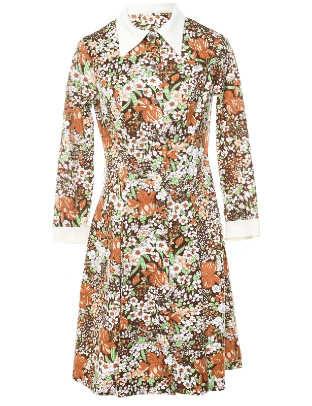 1970s Floral Print Shirt Dress - M garde