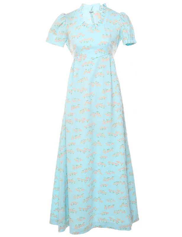 1970s Floral Print Frilled Neck Turquoise & Pink Maxi Dress - S Luxurious Women's High -  end