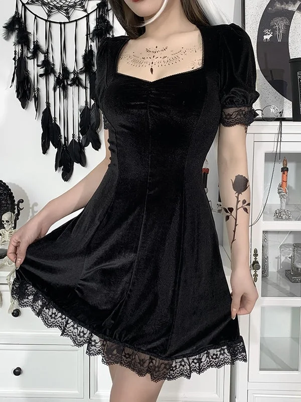 BerryBetty - Lace Paneled Puff Sleeve Velvet Mini Dress Cashmere