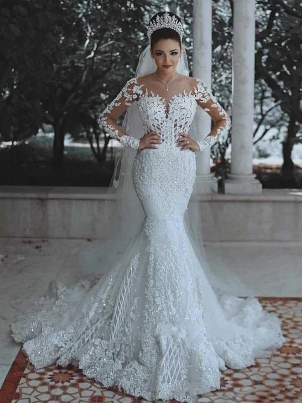 Modest Long Sleeves Lace Appliques Mermaid Wedding Dresses Bohemian Women's Free
