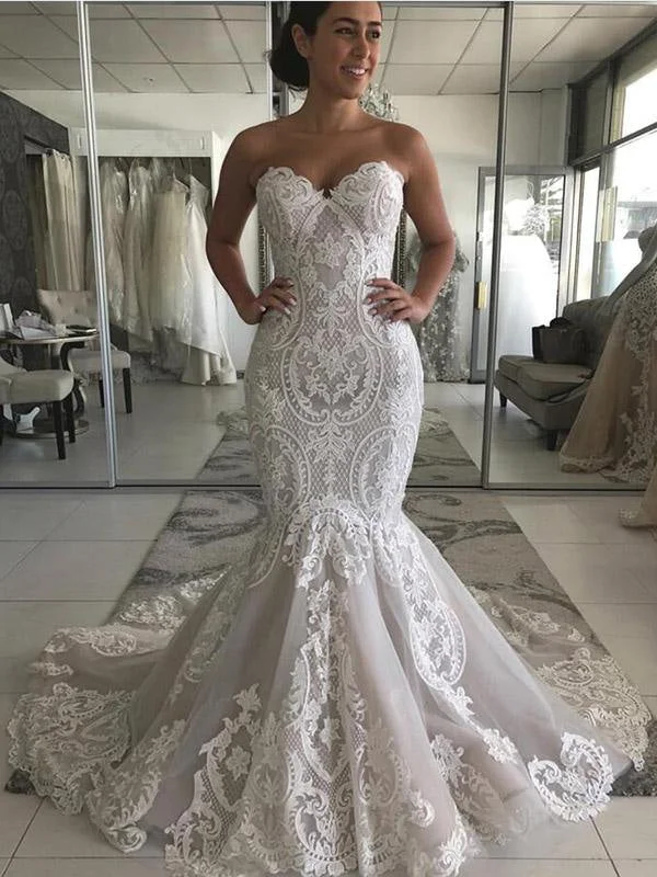 Sweetheart Lace Covered Button Mermaid Wedding Dresses with Lace European