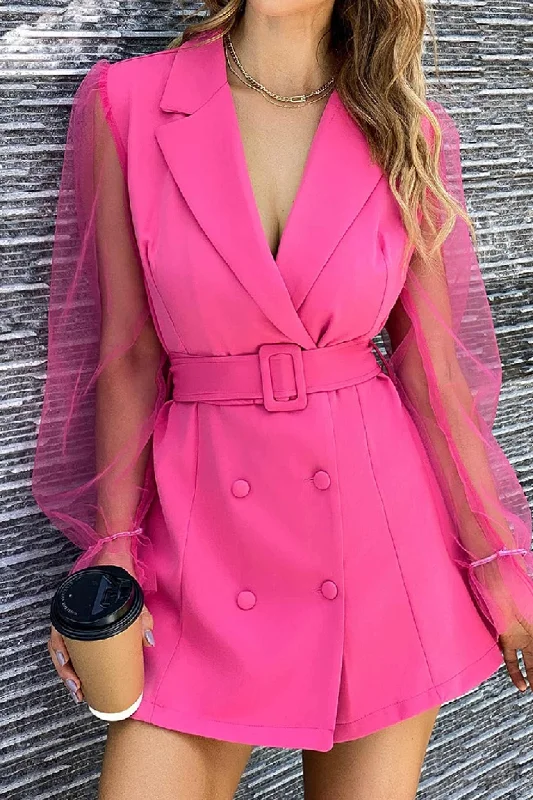 TastyHottie - Mesh Sleeves Double-breasted Belted Blazer Dress Casual Women's Loose - fitting