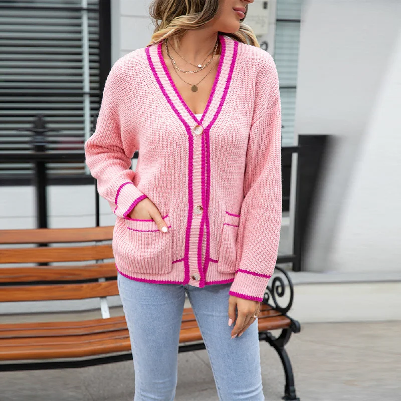 Button Knit Colorblock Pocket V-Neck Sweater Cardigan Wholesale Women'S Top Monochromatic Office Style Button Knit Colorblock Pocket V-Neck Sweater Cardigan Wholesale Women'S Top Monochromatic Office Style