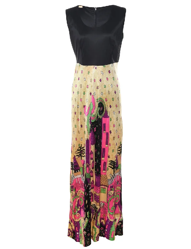 1970s Graphic Design Multi-Colour Round Neck Dress - M Classic Women's Tweed
