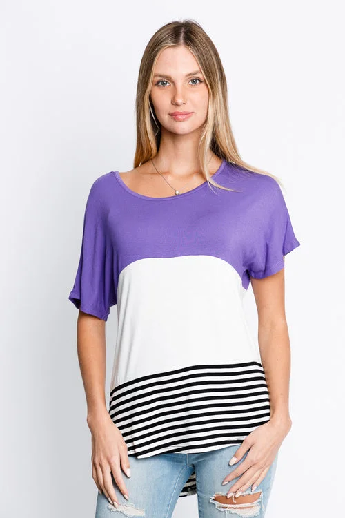 Short Sleeve Color Block Top with Lace Panel at Center Back in Purple (16K509) Dynamic Women's Moto Short Sleeve Color Block Top with Lace Panel at Center Back in Purple (16K509) Dynamic Women's Moto