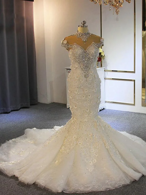 luxury Full Beading Lace-Up Mermaid Wedding Dresses Polished Women's Silk