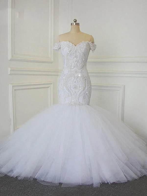 Luxury Off-the -Shoulder Crytstal Tull Mermaid Wedding Dresses Artistic Women's Avant - 