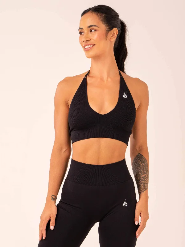 Lift Rib Seamless Halter Sports Bra - Black Monochromatic Office Style