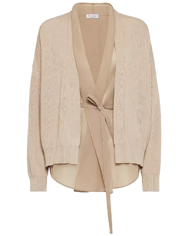 Beige Organza Layered Golf Cardigan